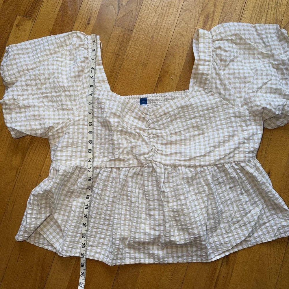 Old Navy Top 3X Beige Gingham Puff Sleeve Square Neck Peplum Cottage Boho Cotton